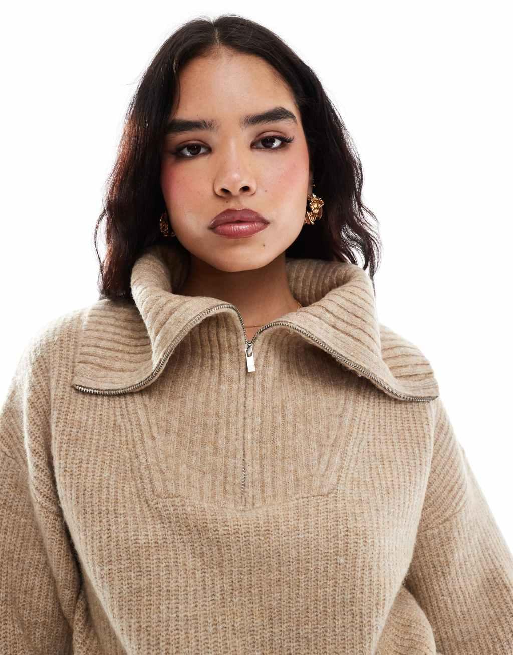 French Connection half zip knit sweater in camel Product Image