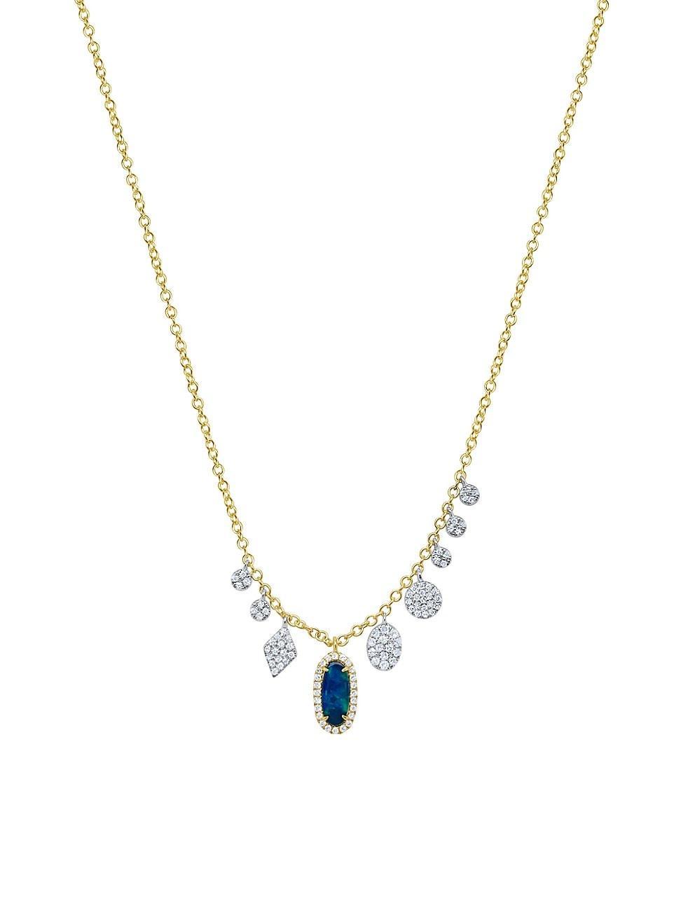 Womens 14K Yellow Gold & Diamond Oval Opal Drop Necklace Product Image