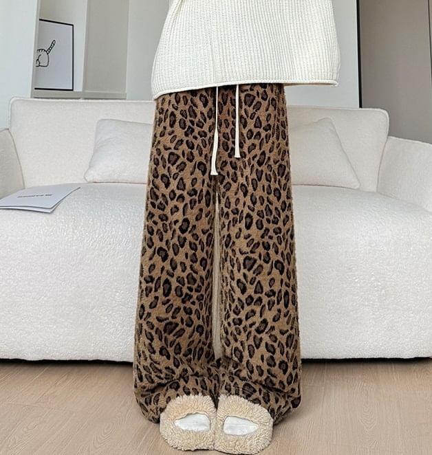 Drawstring Waist Leopard Print Wide Leg Pants Product Image