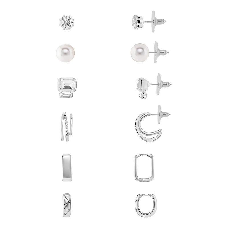 Emberly Silver Tone Crystal & Simulated Pearl Gem Stud Earrings & Geometric Hoop Earrings 6-pack Set, Womens Product Image