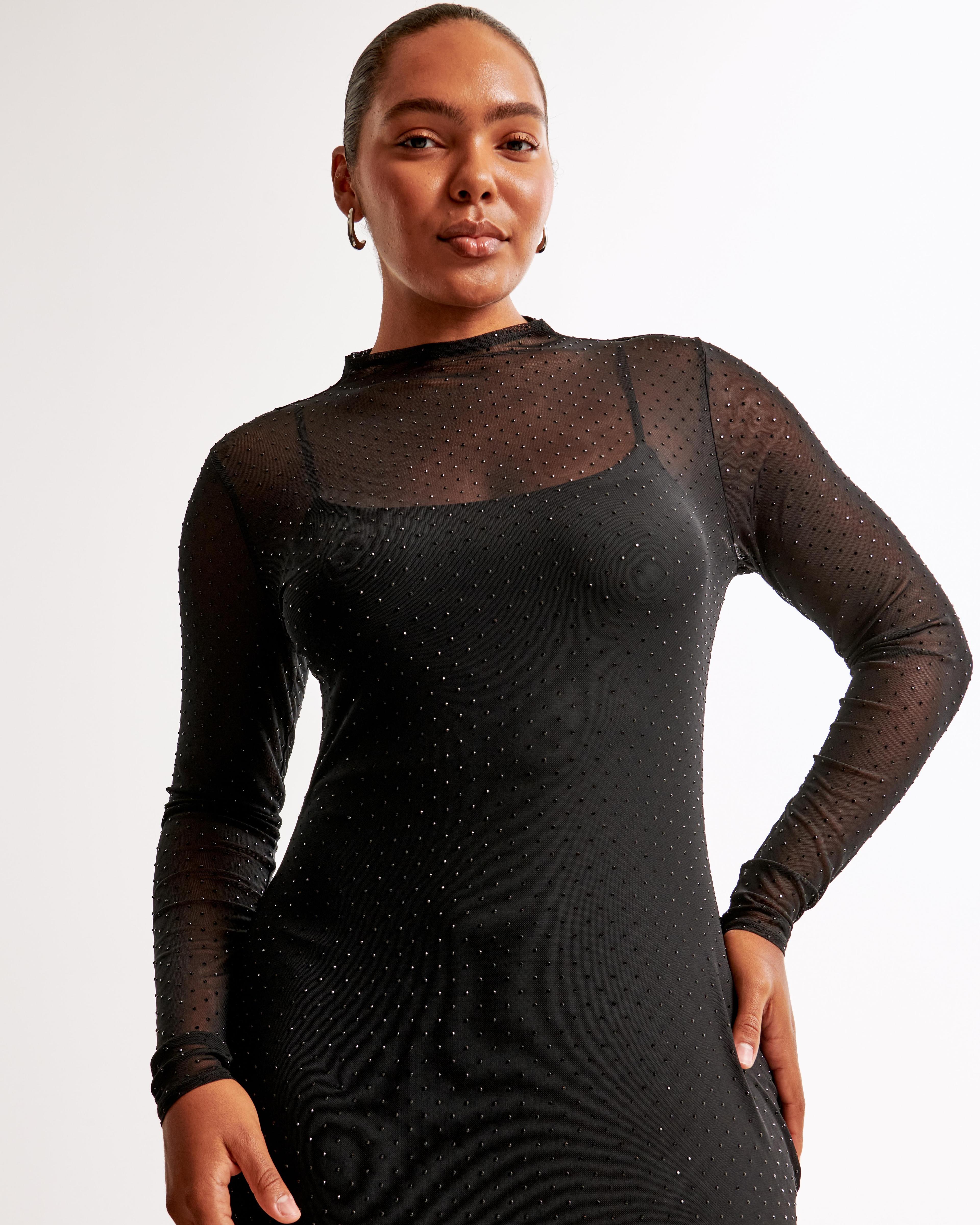 Long-Sleeve Rhinestone Mesh Maxi Dress Product Image