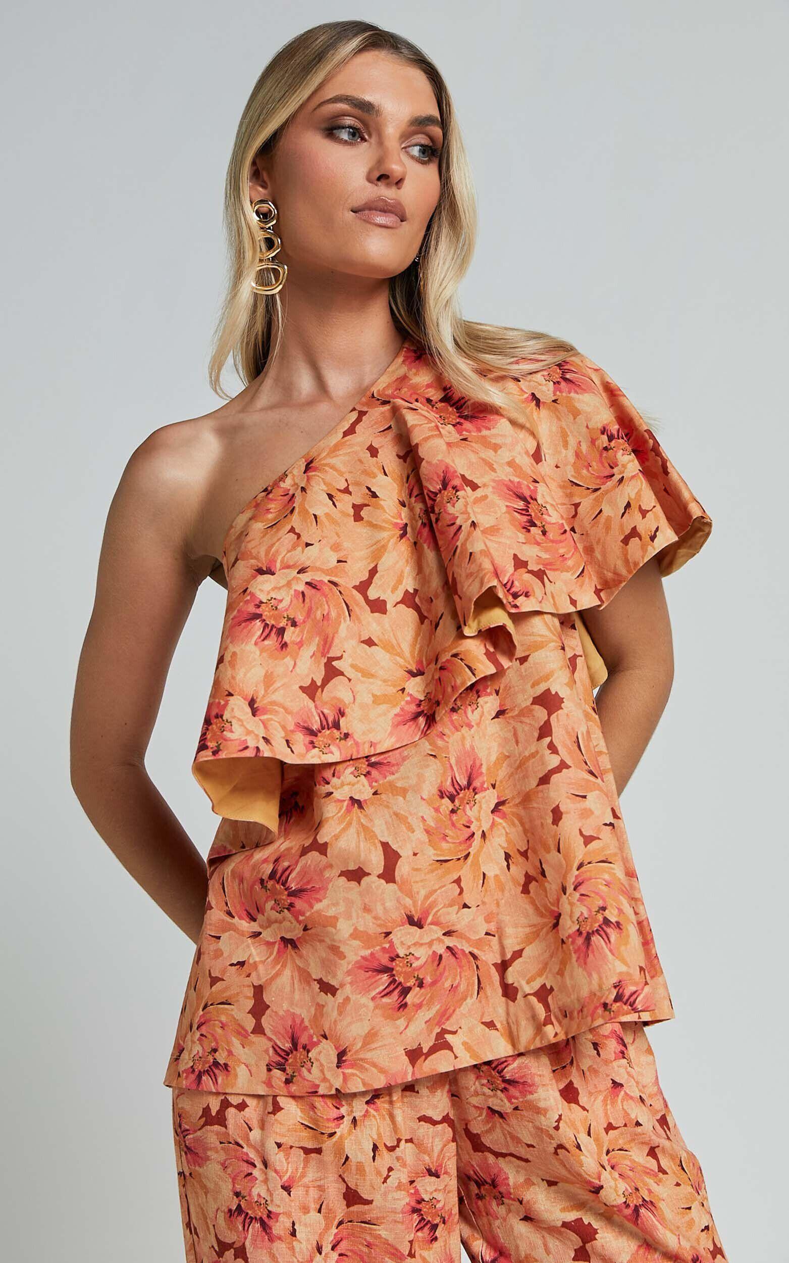 Amalie The Label - Aiko Linen Blend One Shoulder Frill Top in Valencia Print Product Image