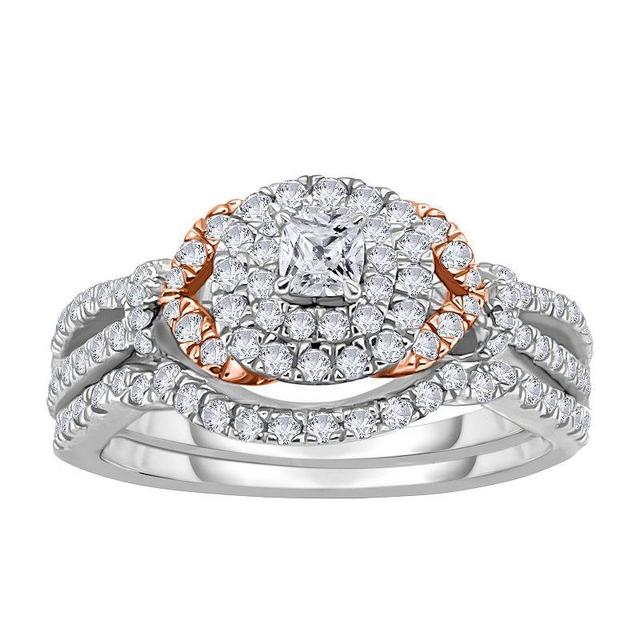 14k White Gold 1 Carat T.W. Diamond Tiered Halo Engagement Ring Set, Womens 14k Two Tone Product Image