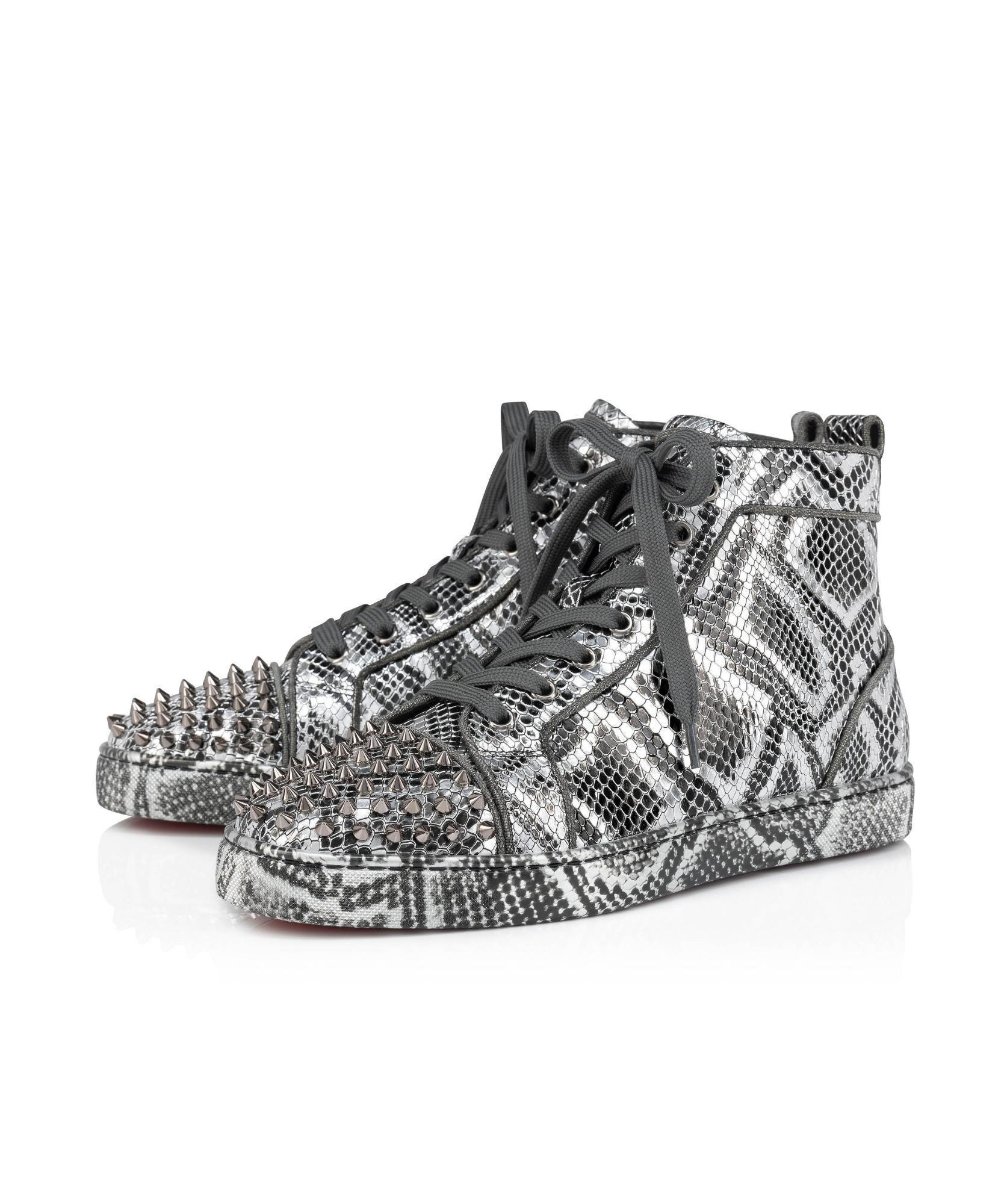 CHRISTIAN LOUBOUTIN Lou Spikes Orlato Leather High-top Sneakers In Gray Product Image