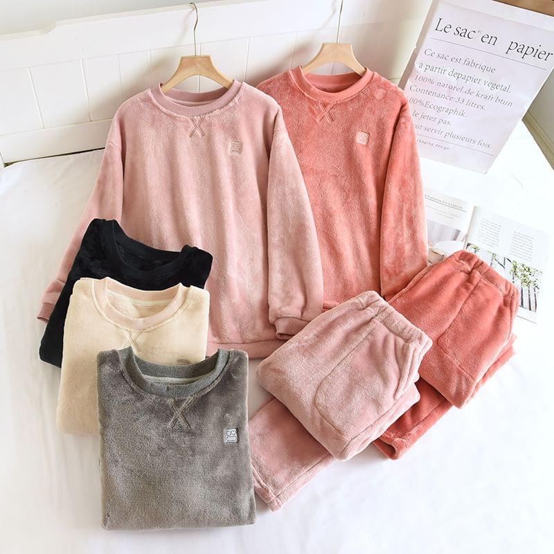 Couple Matching Pajama Set: Crew Neck Embroidered Fleece Sweatshirt + Plain Pants Product Image