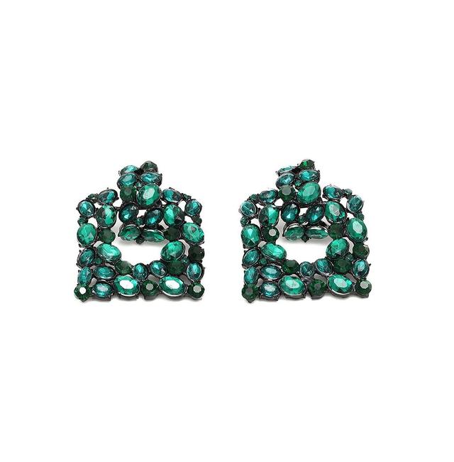 Sohi Womens Green Embellished Geometric Drop Earrings Product Image