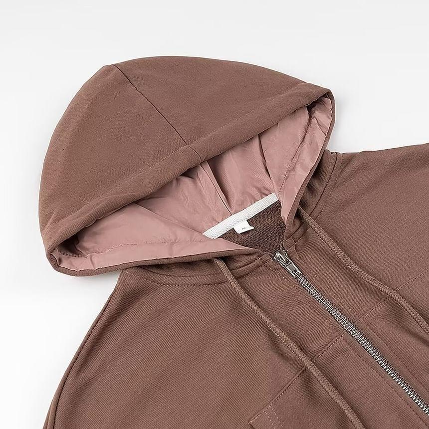 Drawstring Plain Zip Up Cropped Hoodie Product Image