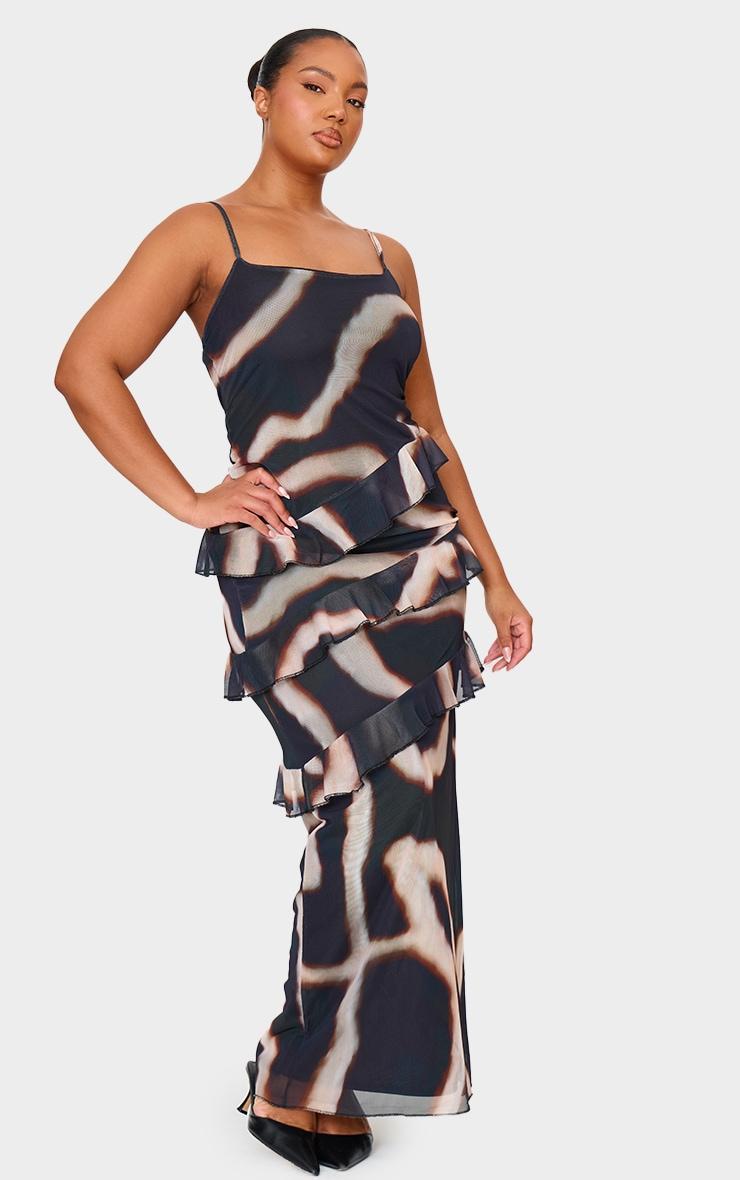 Plus Monochrome Printed Mesh Ruffle Maxi Dress Product Image