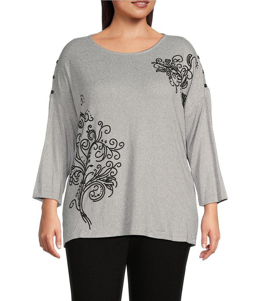 Multiples Plus Size Solid Sequin Embellished Detail Crew Neck 3/4 Dolman Sleeve Top Product Image