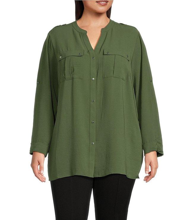 Calvin Klein Plus Size Textured Woven Split V-Neck Long Roll-Tab Sleeve Button Front Top Product Image