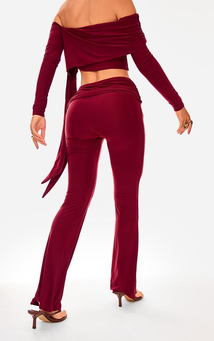 Burgundy Slinky Ruched Tie Detail Flare Trousers Product Image