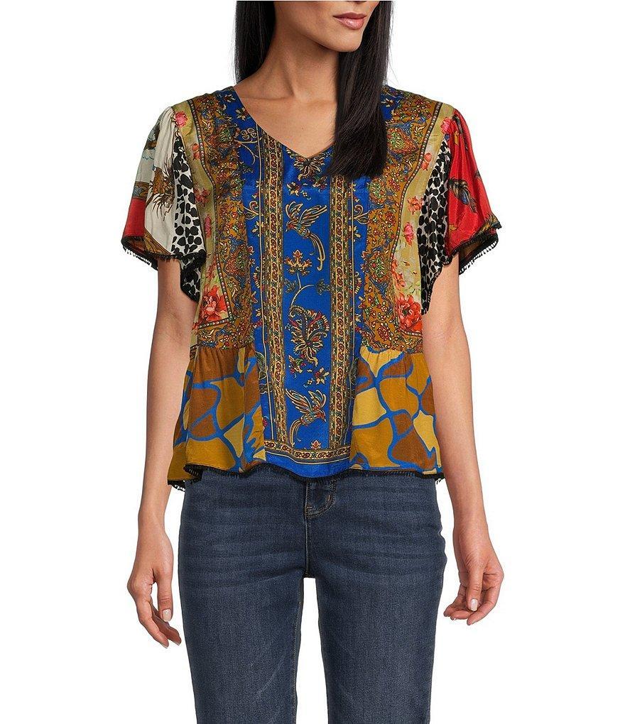 John Mark Multi Print V Neck Cap Sleeve Ruffle Top Product Image