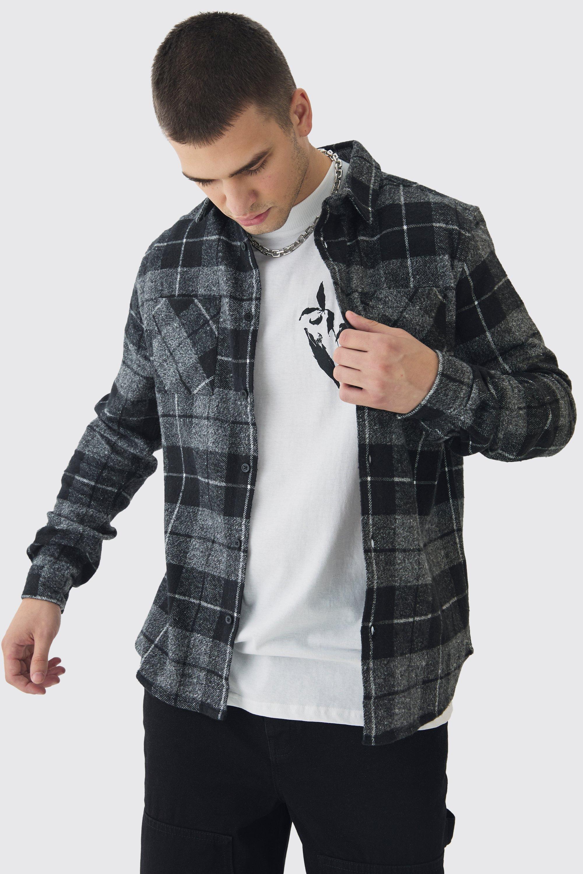 Mens Grey Tall Back Print Checked Shirt, Grey Product Image