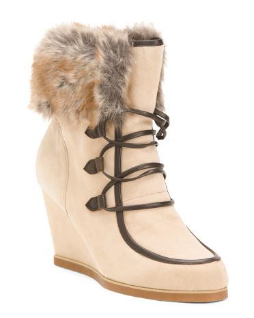 Suede North Star Faux Fur Cuff Wedge Booties For Women product image