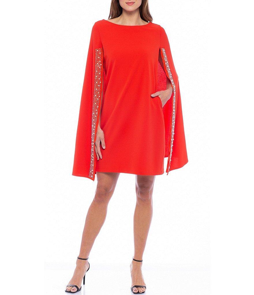 Marina Scuba Crepe Capelet Embellished Long Sleeve Boat Neck Pocketed Sheath Dress Product Image