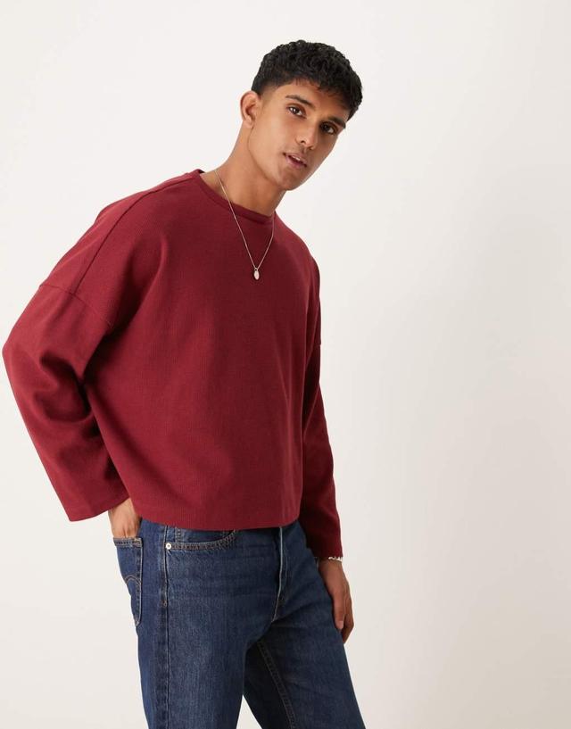 ASOS DESIGN extreme oversized boxy long sleeve T-shirt in waffle in burgundy Product Image