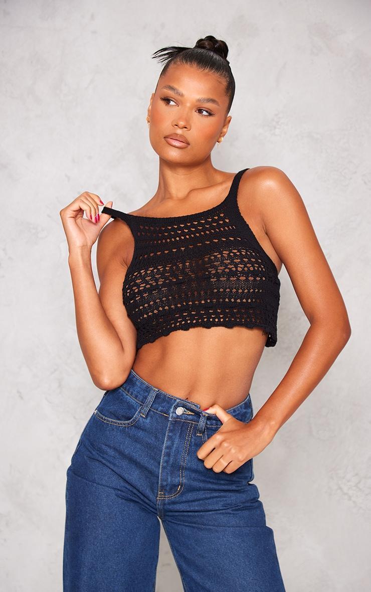 Black Contrast Crochet Crop Top Product Image