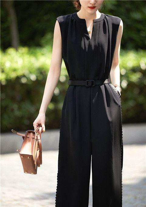 Set: Sleeveless Notch Neck Plain Wide Leg Jumpsuit + Belt Product Image