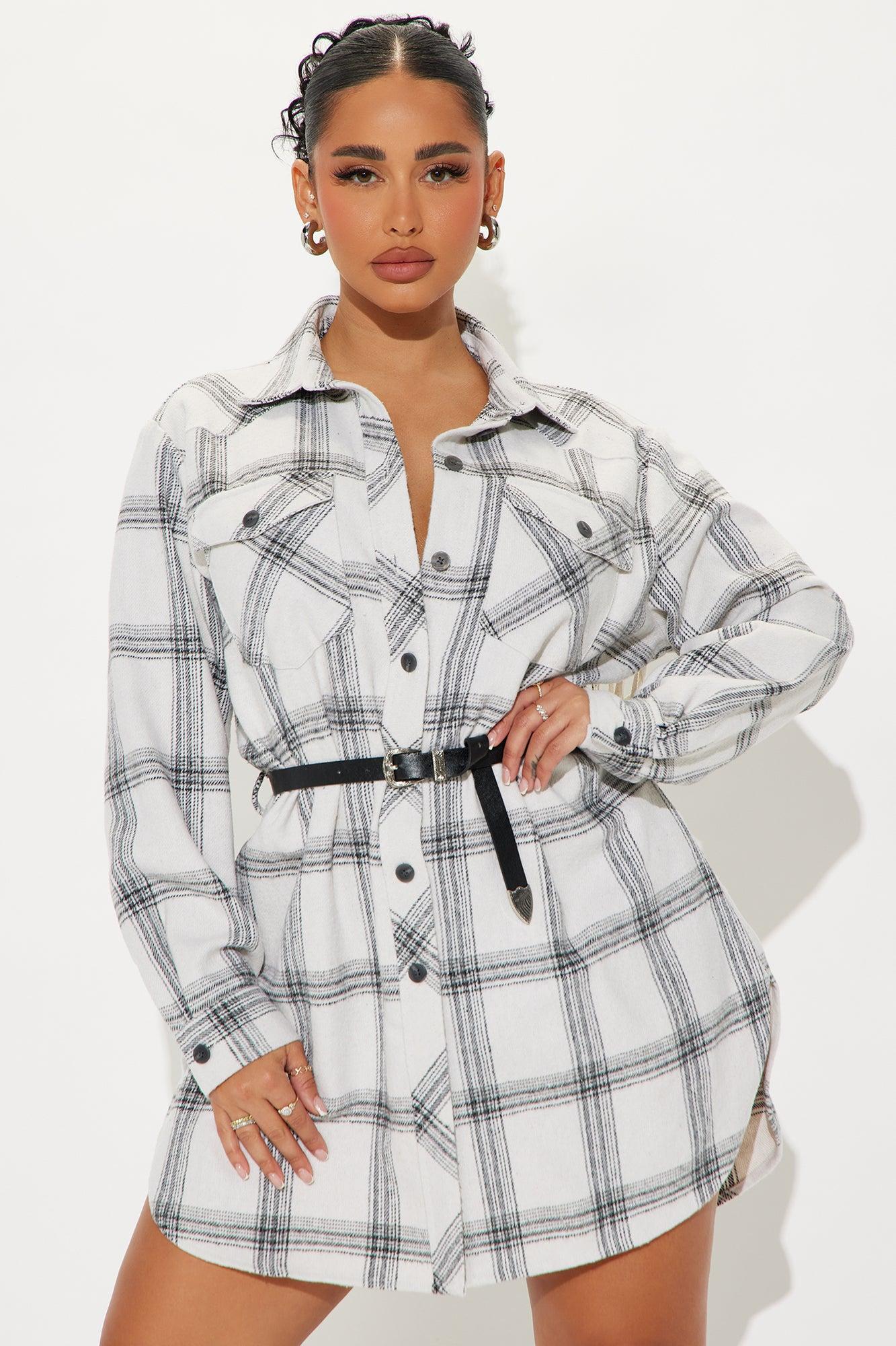 Jessie Flannel Shirt Dress - White/Black Product Image