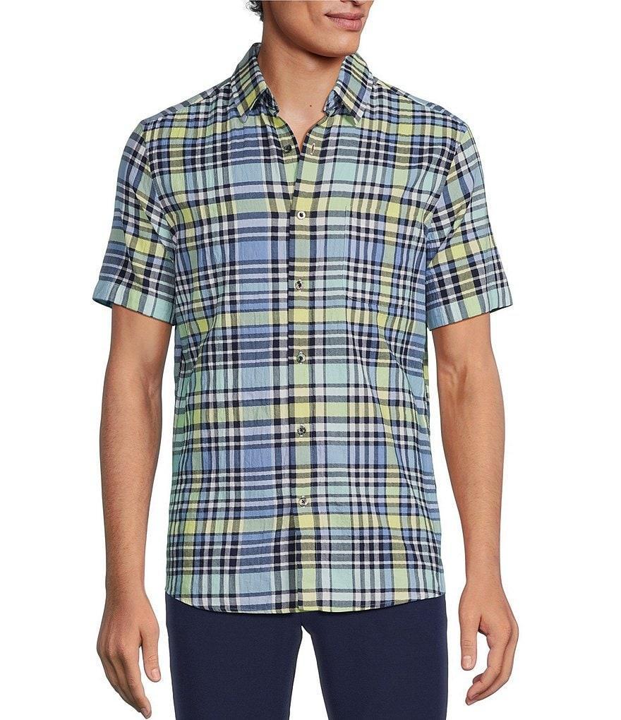 Rowm Blue Sirena Short Sleeve Seersucker Multi Plaid Print Button Up Shirt Product Image