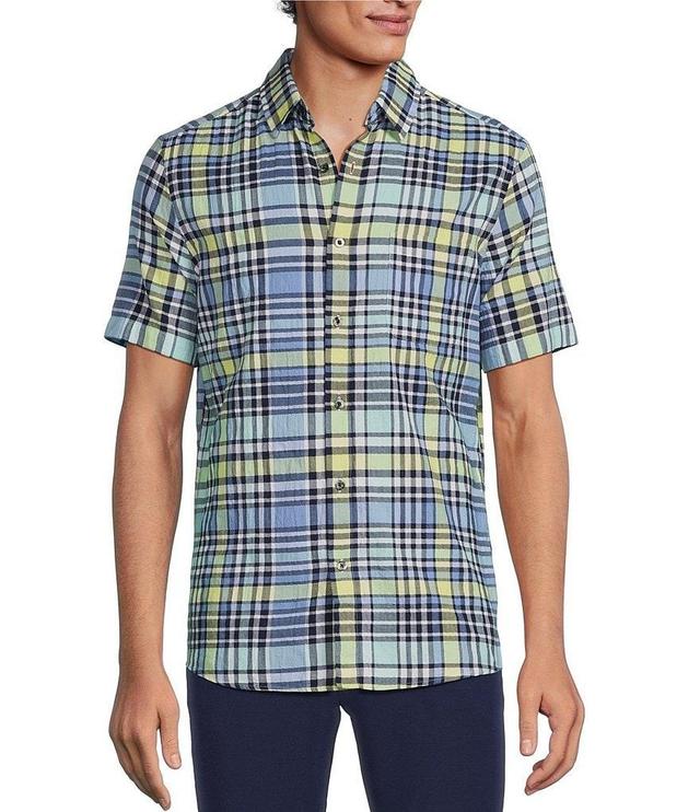 Rowm Blue Sirena Short Sleeve Seersucker Multi Plaid Print Button Up Shirt Product Image