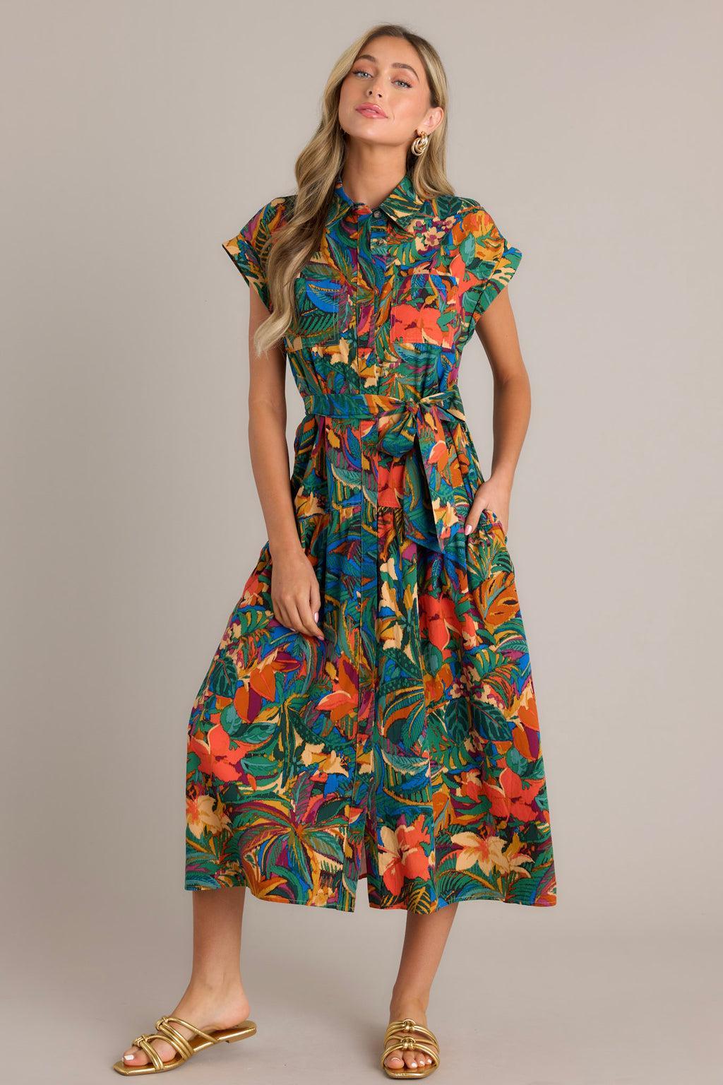 Rainforest Charm Green Tropical Print Button Front Midi Dress Product Image