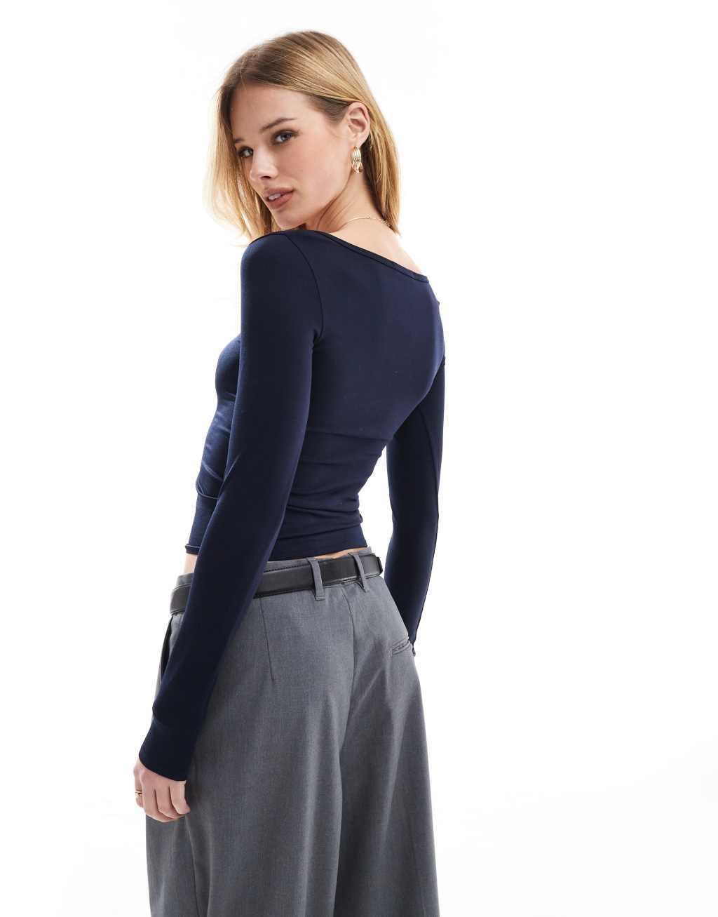 Stradivarius STR square neck long sleeve top in navy Product Image