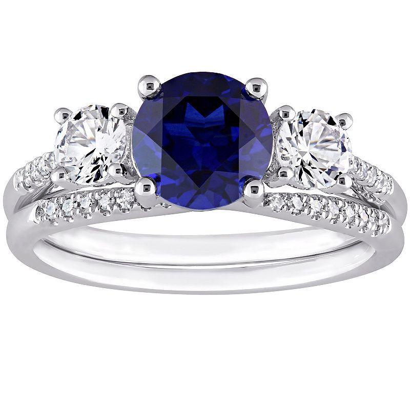 Stella Grace 10k White Gold Lab-Created Sapphire, Lab-Created White Sapphire & 1/10 Carat T.W. Diamond 3-Stone Engagement Ring Set, Womens 10k Whgold Product Image