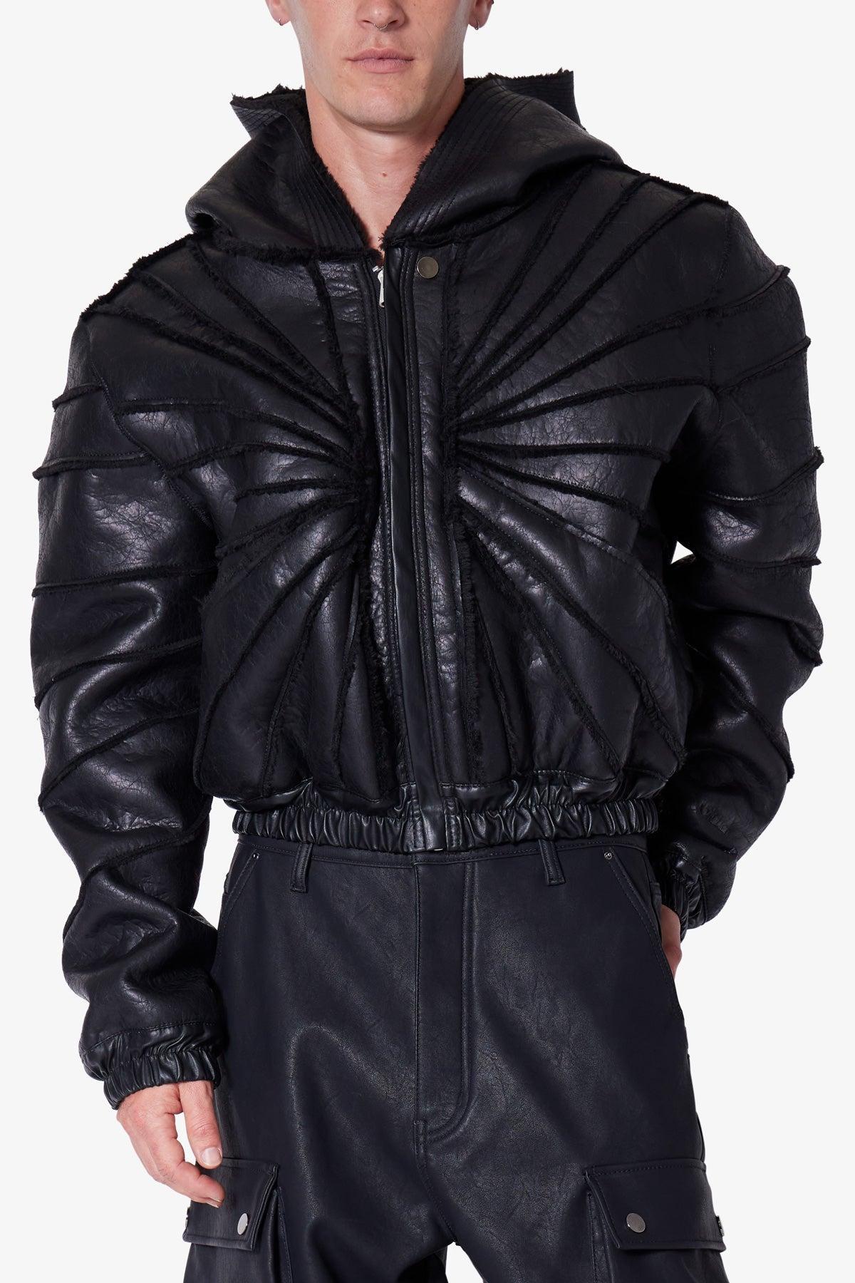 Leather Web Cropped Hoodie - Black Product Image