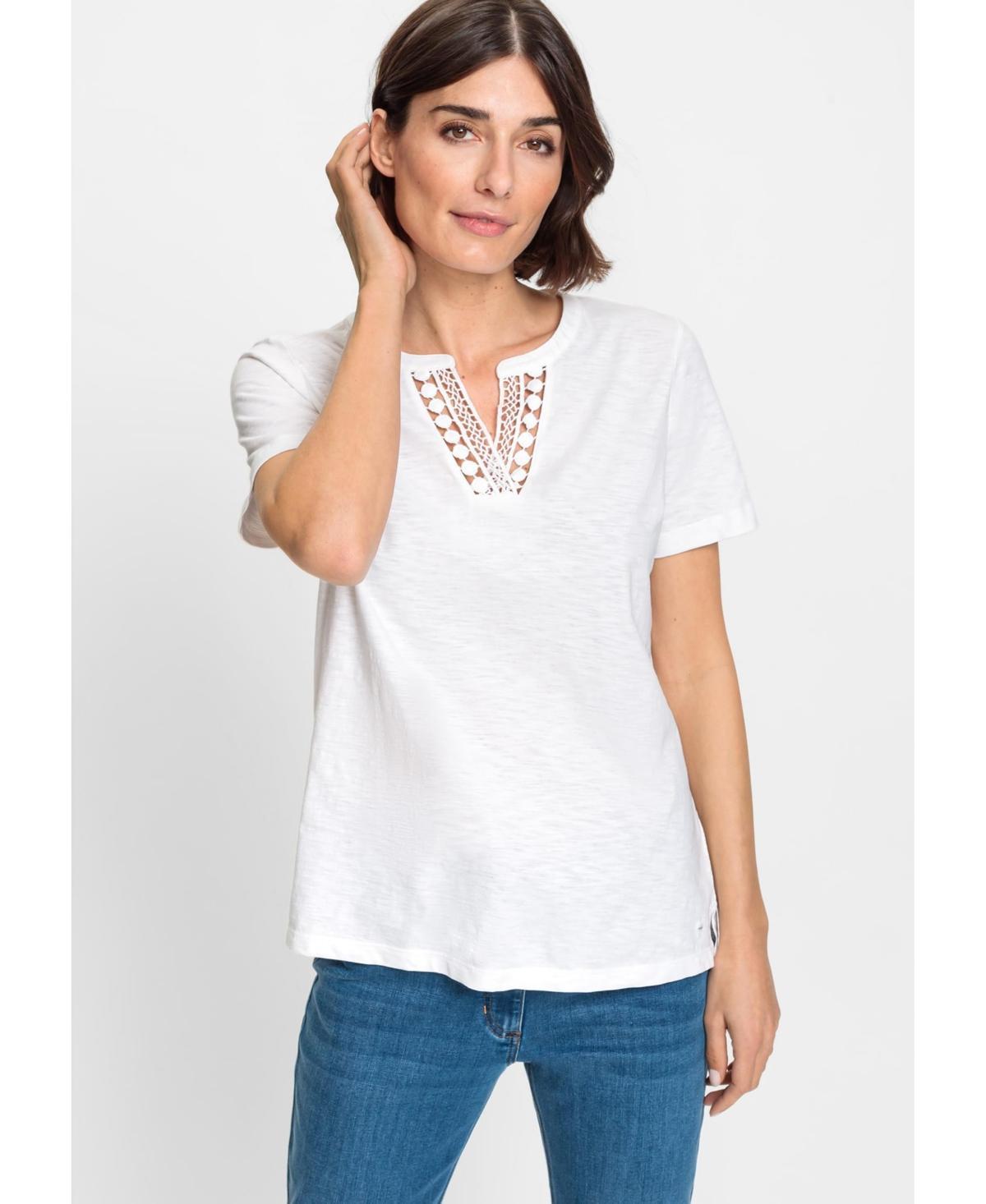 Women's 100% Cotton Short Sleeve Split Neck T-Shirt with Embroidered Trim Product Image