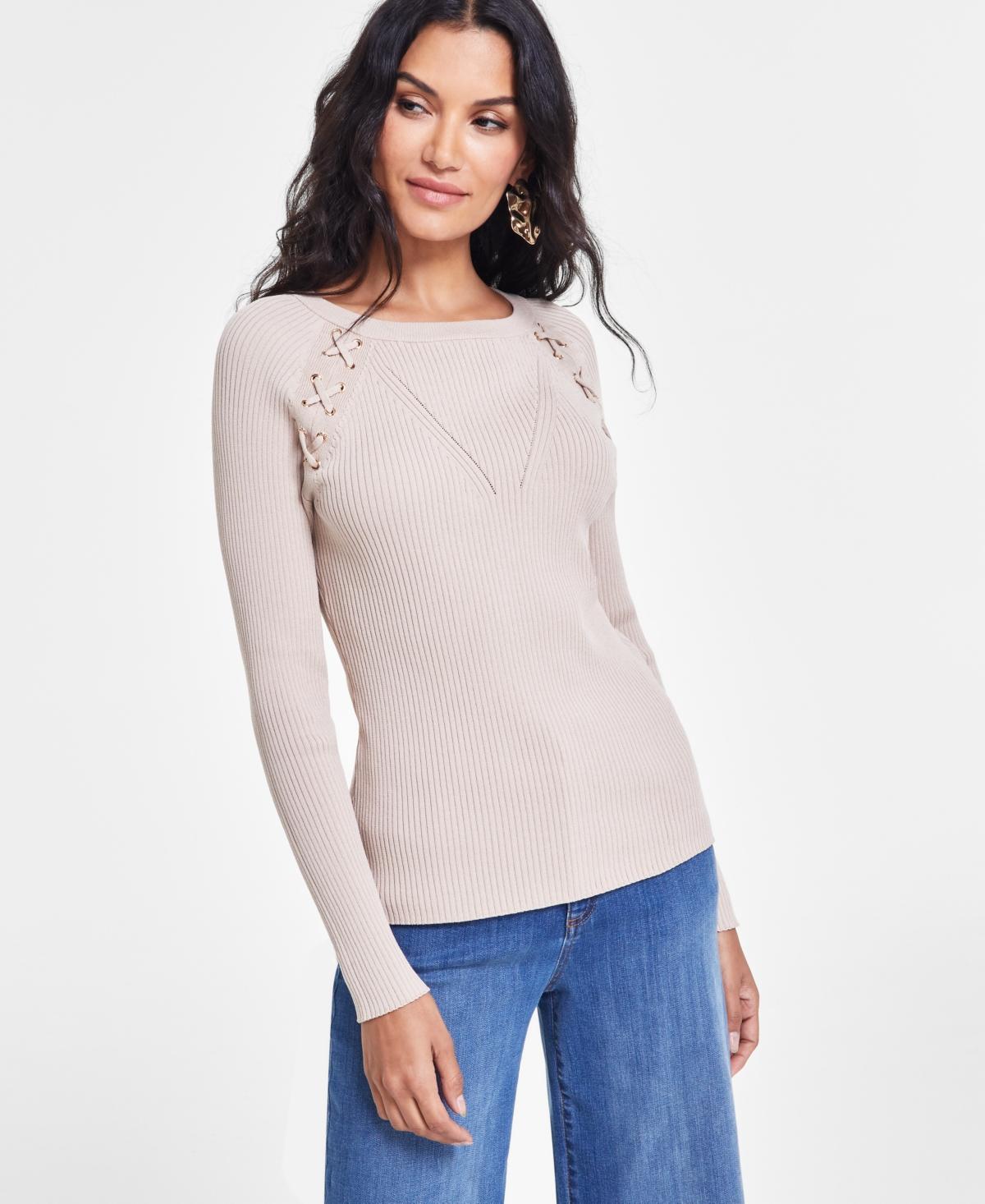 I.n.c. International Concepts Womens Lace-Up Ribbed-Knit Sweater, Created for Macys Product Image