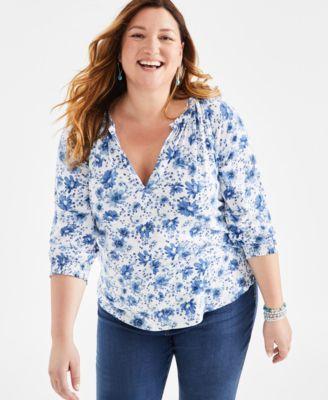 Plus Size Printed Gathered V-Neck Top, Created for Macy's Product Image