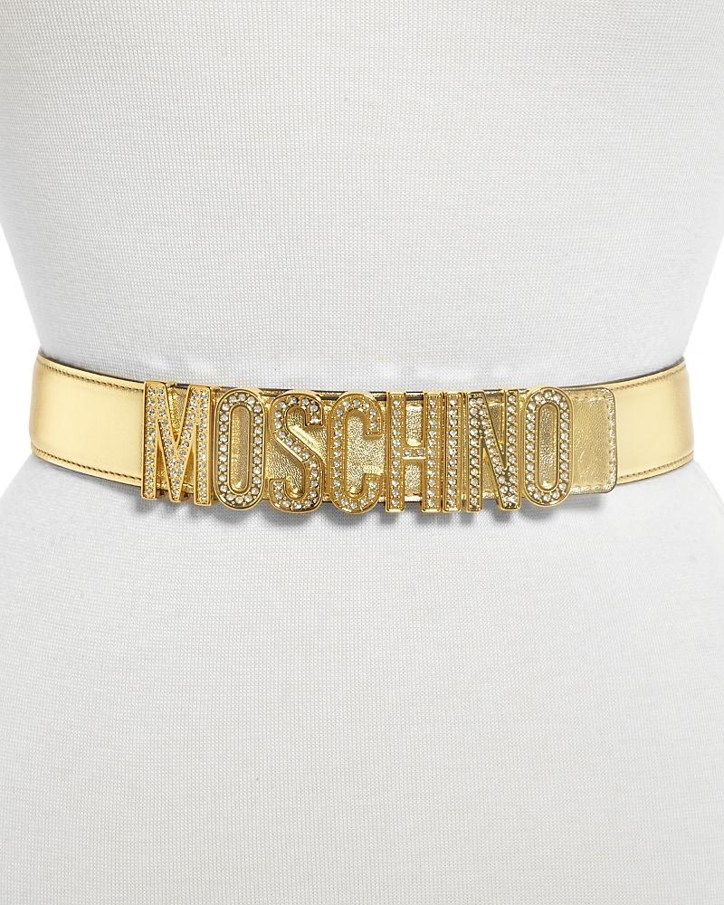 Moschino Womens Crystal Logo Buckle Leather Belt Product Image