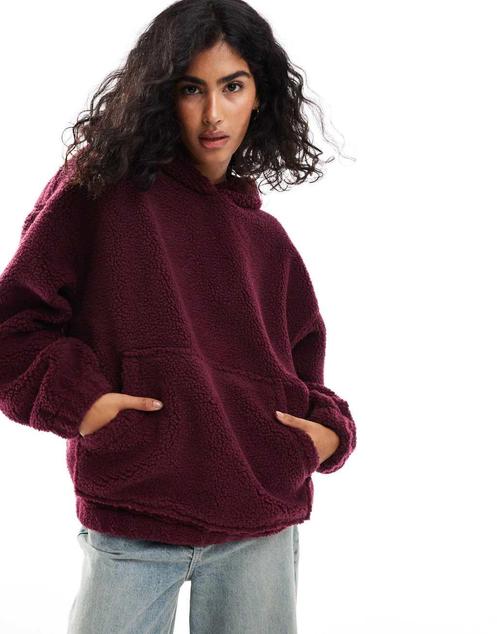 ASOS DESIGN oversized teddy hoodie in burgundy Product Image