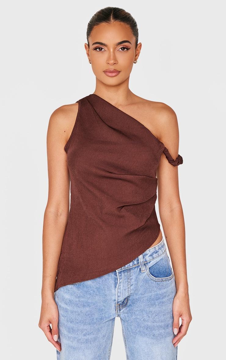 Chocolate Woven Asymmetric Hem Ruched Long Top Product Image