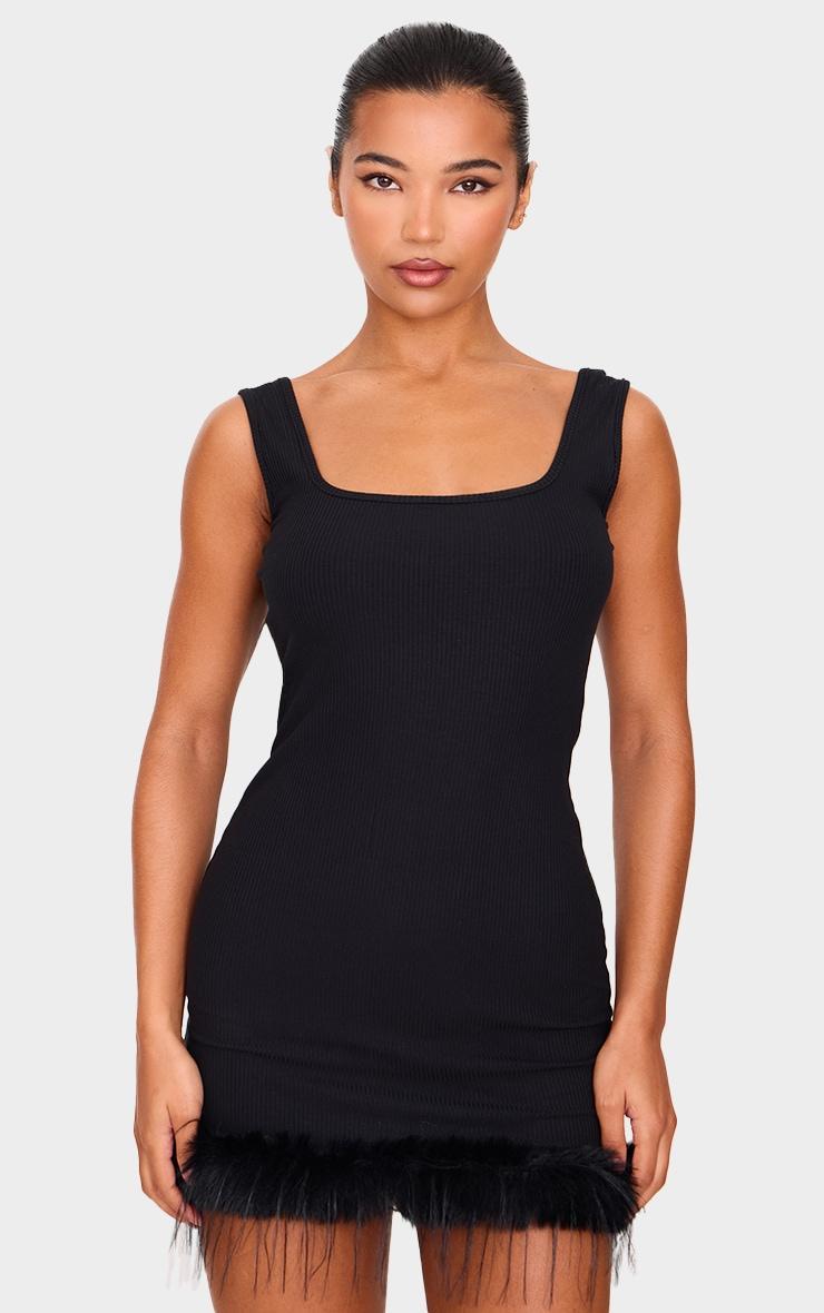 Black Ribbed Feather Hem Bodycon Dress Product Image