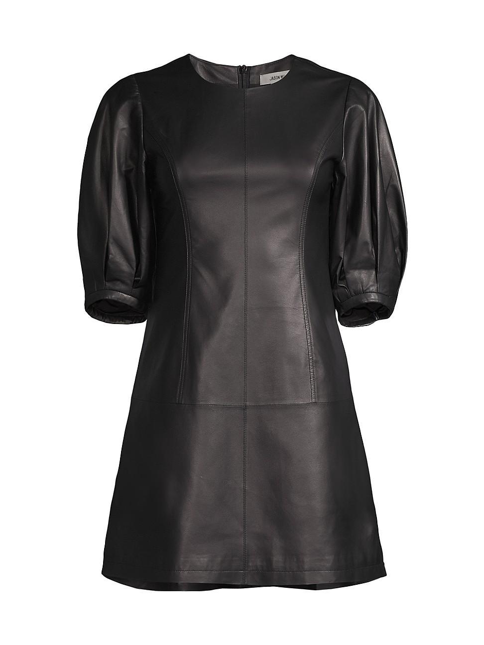 Jason Wu Balloon Sleeve Short Leather Dress Black 2 Product Image