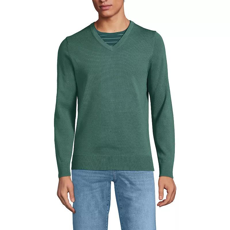 Mens Lands End Fine Gauge Cotton V-Neck Sweater Washed Green Product Image