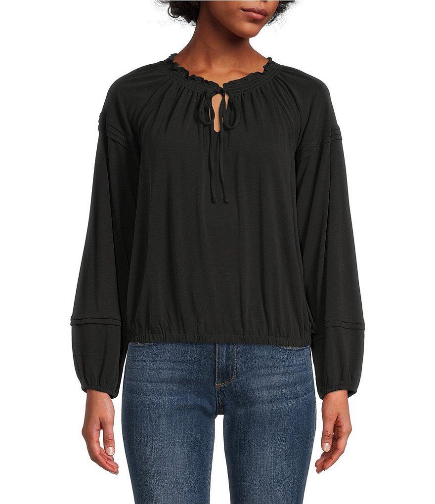 Lucky Brand Sandwash Split V-Neck Long Sleeve Elastic Hem Blouson Top Product Image