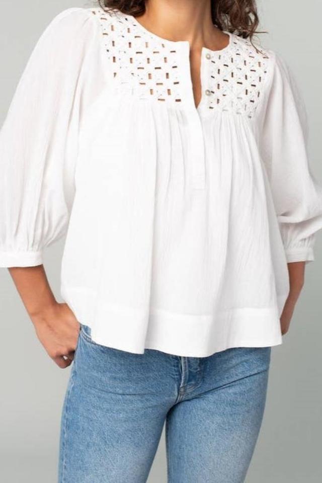 Cotton Gauze 3/4 Sleeve Lattice Yoke Blouse Product Image