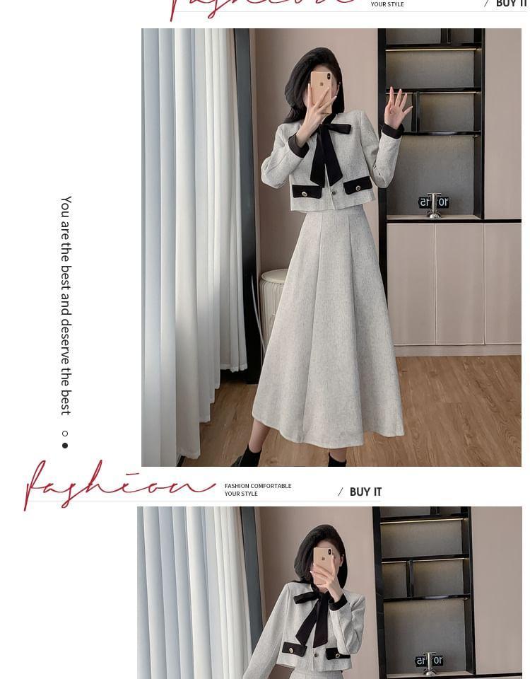 Set: Tie Neck Panel Button Jacket + High Rise Midi A-Line Skirt Product Image