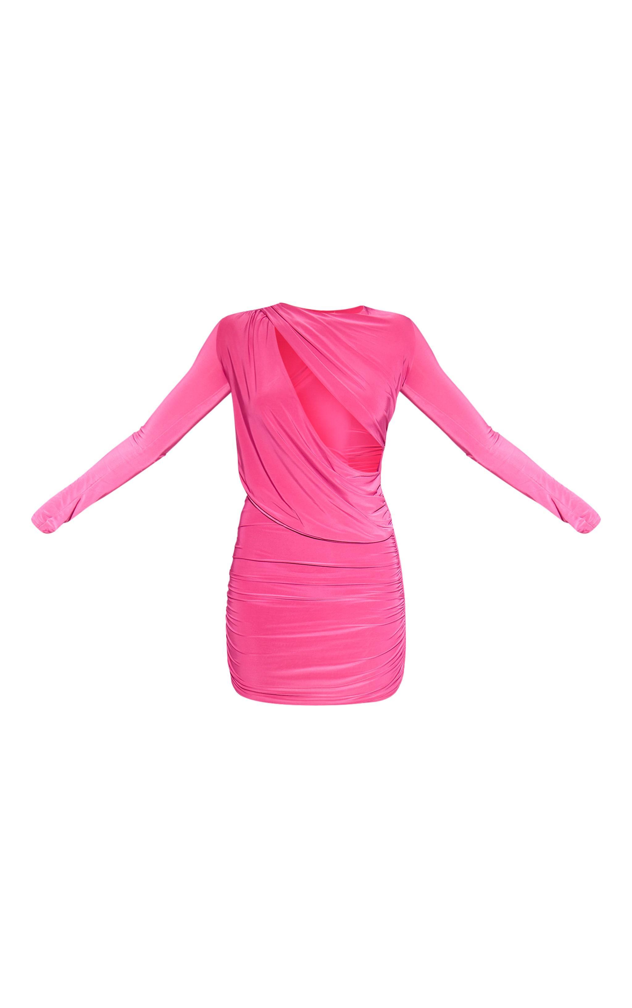 Premium Pink Double Layer Extreme Plunge Drape Bodycon Dress Product Image