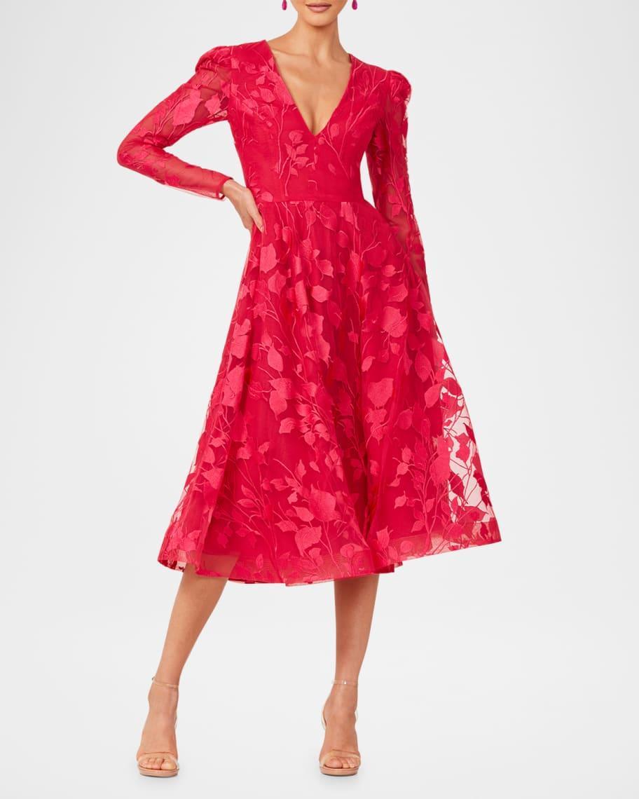 Parker Long-Sleeve Embroidered Leaf Midi Dress Product Image