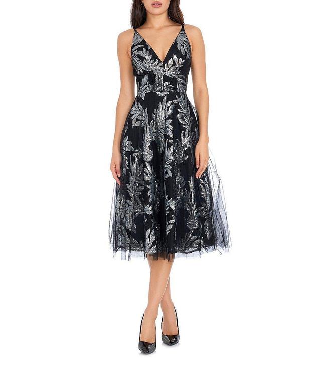 Dress the Population Courtney Sequin Leaf Print Plunge V-Neck Sleeveless Midi Dress Product Image