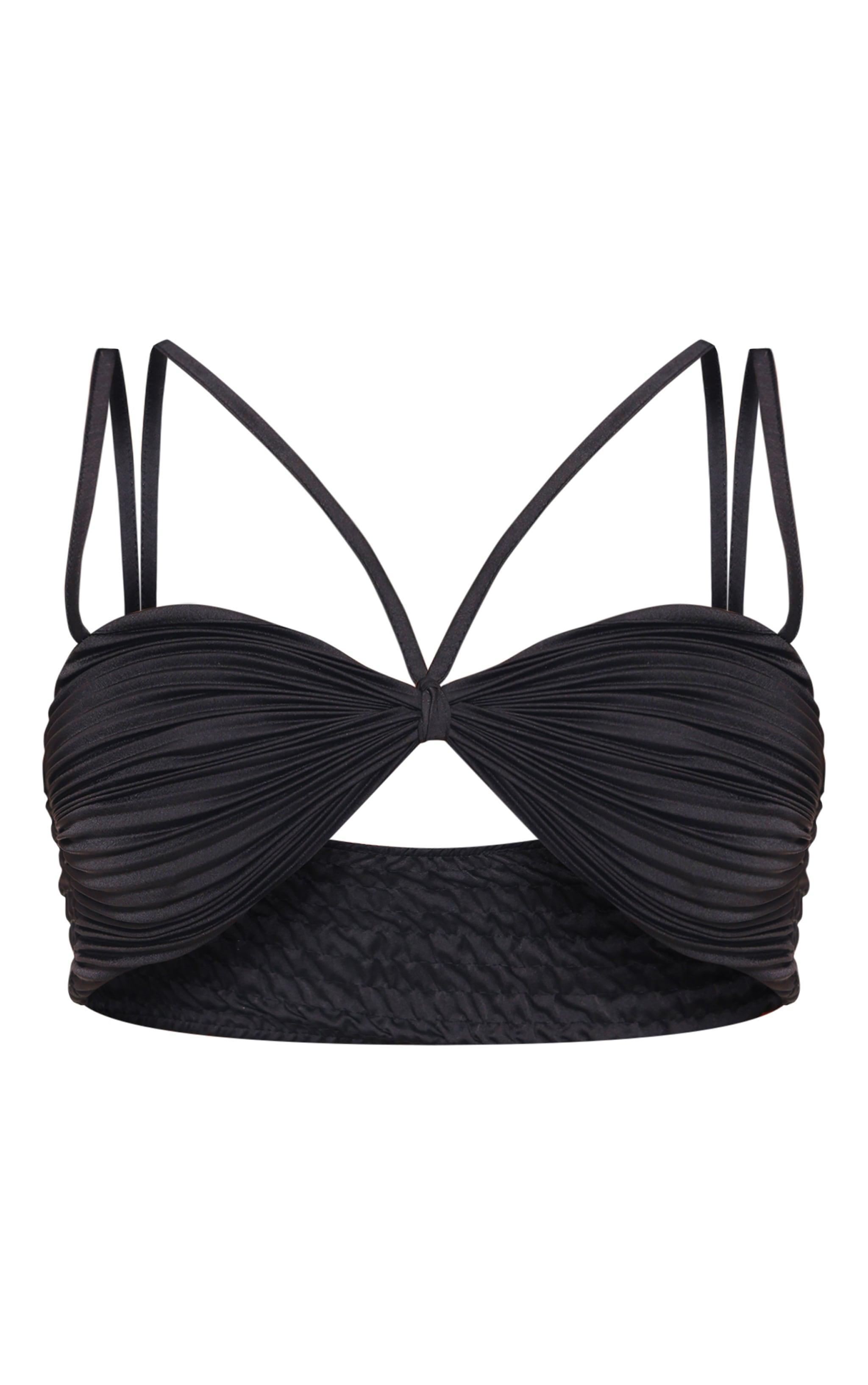 Black Plisse Knot Detail Strappy Crop Top Product Image