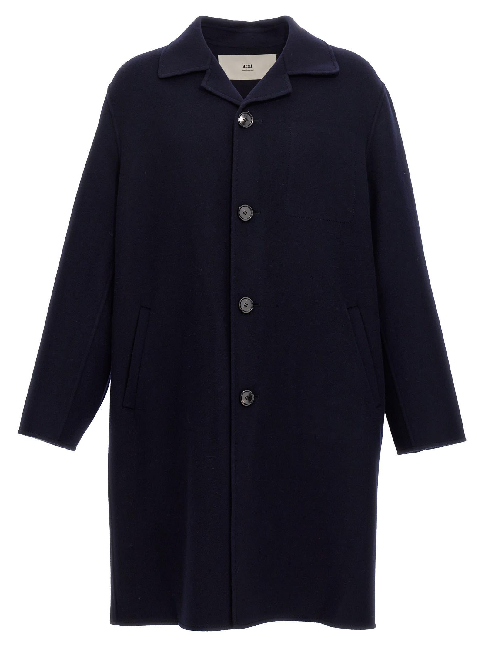 Wool-cashmere Blend Coats Featuring Drop Shoulder In Dark Blue Product Image