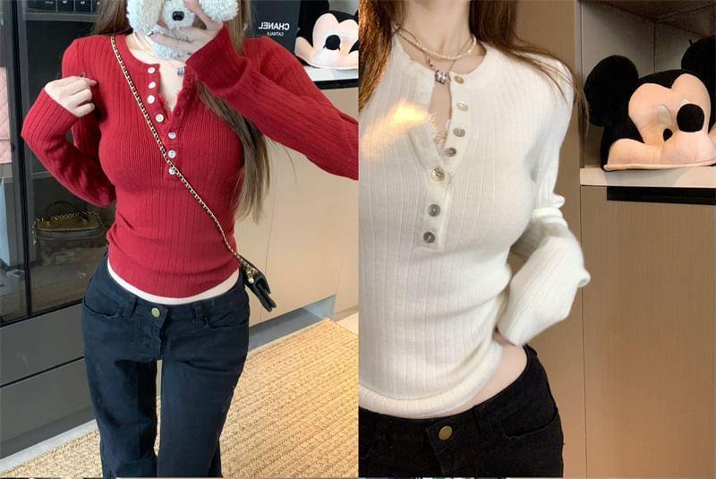 Long-Sleeve Crew Neck Plain Lace Trim Half-Buttoned Slim Fit Crop Knit Top Product Image