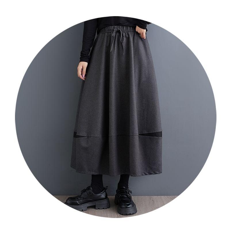 Drawstring Waist Two Tone Midi A-Line Skirt Product Image