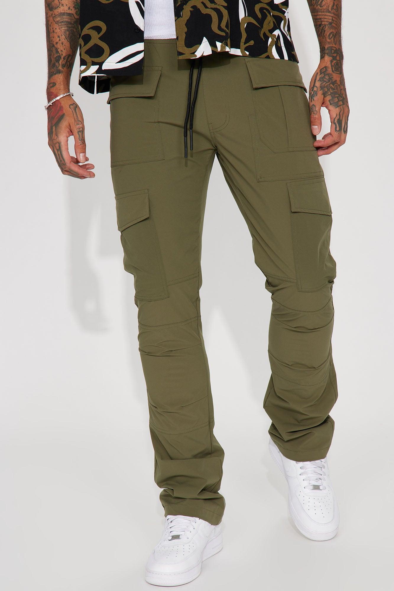 On Your Mind Stacked Slim Flare Nylon Pants - Olive Product Image