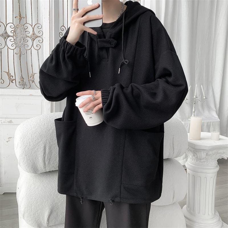 Puff-Sleeve Plain Pocket Detail Oversized Hoodie Product Image